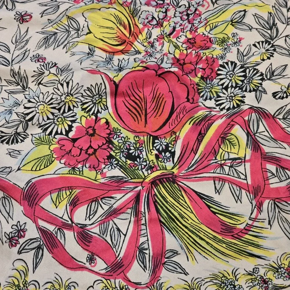 VTG Silk Round Floral Hankerchief Scalloped Edge Blue Pink Rare 40 In Rolled Hem